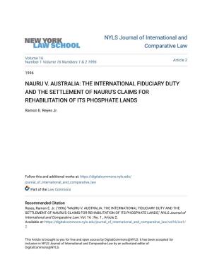 Nauru V. Australia: the International Fiduciary Duty and the Settlement of Nauru's Claims for Rehabilitation of Its Phosphate Lands
