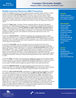 Consumer Electronics Insights March 12, 2018 Analysis of M&A, Financing, and Market Trends