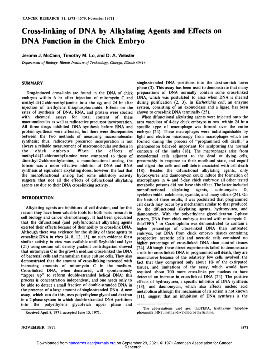 Cross-Linking of DNA by Alkylating Agents and Effects on DNA Function in the Chick Embryo