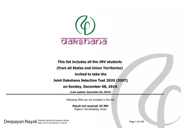 This List Includes All the JNV Students (From All States and Union Territories) Invited to Take the Joint Dakshana Selection