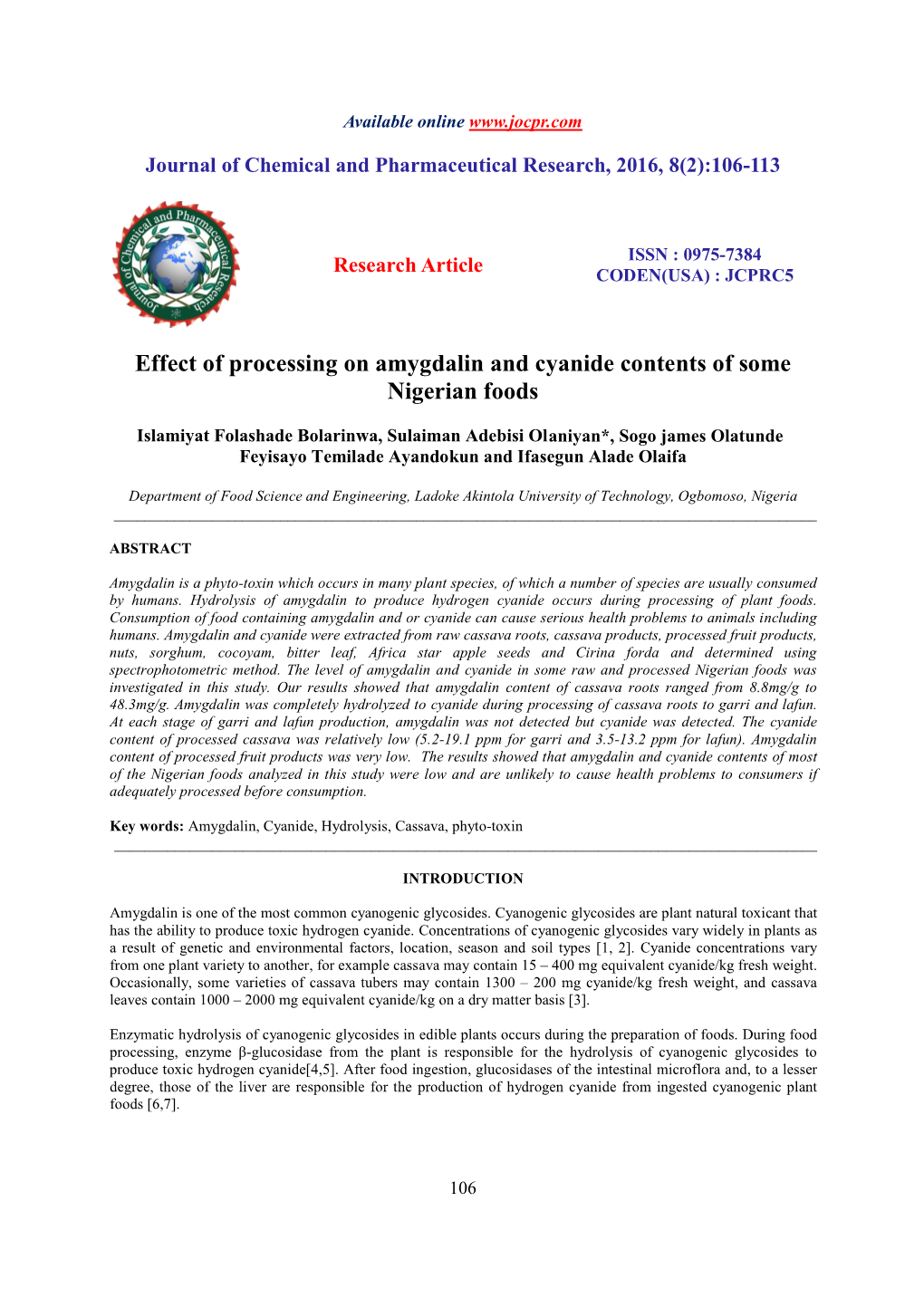Effect of Processing on Amygdalin and Cyanide Contents of Some Nigerian Foods