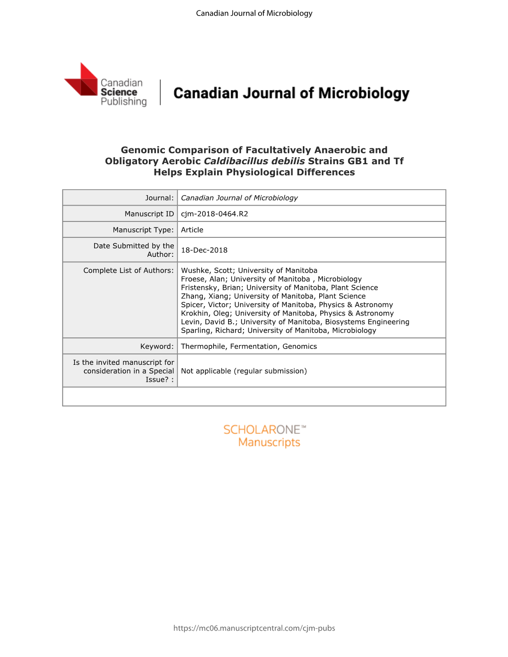 Genomic Comparison of Facultatively Anaerobic and Obligatory Aerobic Caldibacillus Debilis Strains GB1 and Tf Helps Explain Physiological Differences