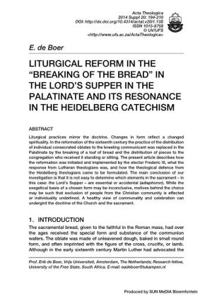 Liturgical Reform in the “Breaking of the Bread” in the Lord's Supper in the Palatinate and Its Resonance in the Heidelber