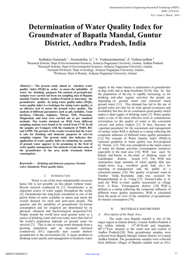 Determination of Water Quality Index for Groundwater of Bapatla Mandal, Guntur District, Andhra Pradesh, India