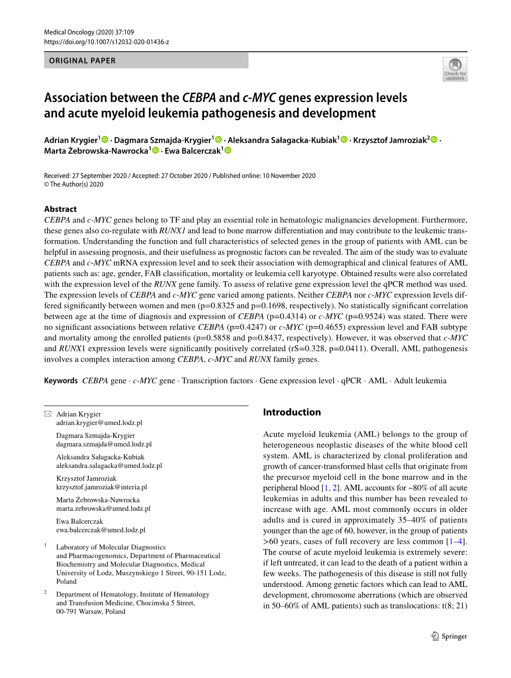 Association Between the CEBPA and C-MYC Genes Expression Levels and Acute Myeloid Leukemia Pathogenesis and Development