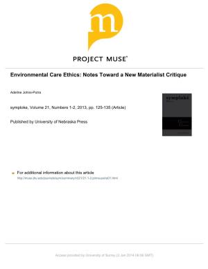 Environmental Care Ethics: Notes Toward a New Materialist Critique