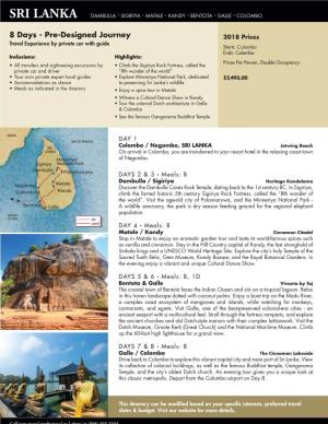 Sri Lanka Dambulla • Sigiriya • Matale • Kandy • Bentota • Galle • Colombo