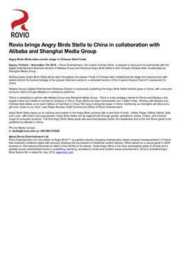 Rovio Brings Angry Birds Stella to China in Collaboration with Alibaba and Shanghai Media Group