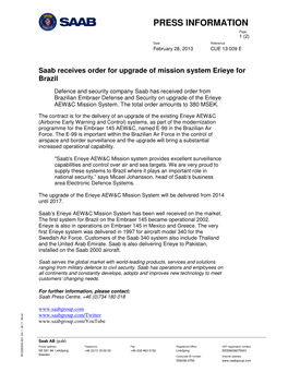 Saab Receives Order for Upgrade of Mission System Erieye for Brazil