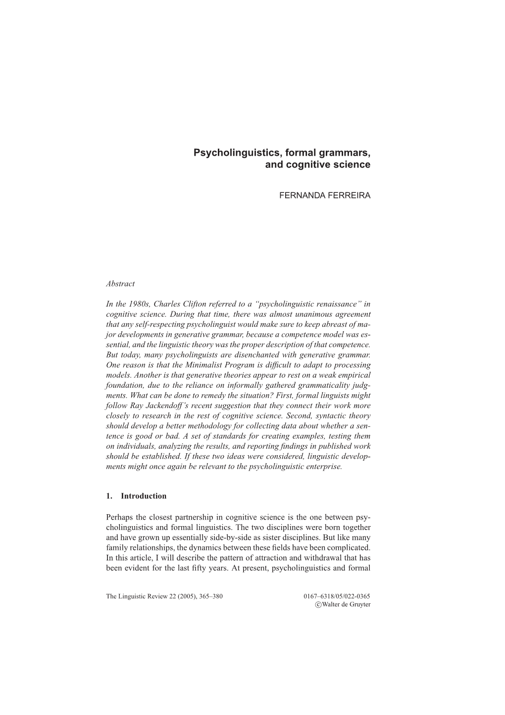 Psycholinguistics, Formal Grammars, and Cognitive Science