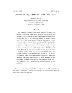 Quantum Theory and the Role of Mind in Nature ∗
