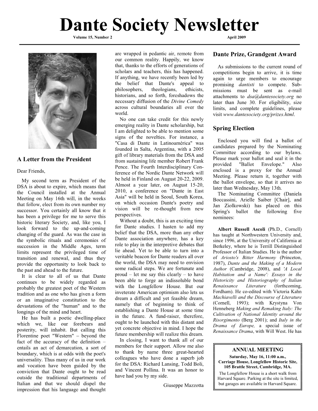 Dante Society Newsletter Volume 15, Number 2 April 2009