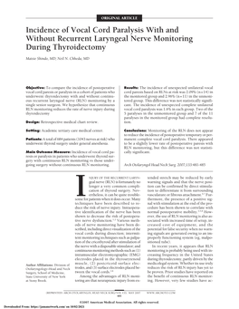 Incidence of Vocal Cord Paralysis with and Without Recurrent Laryngeal Nerve Monitoring During Thyroidectomy