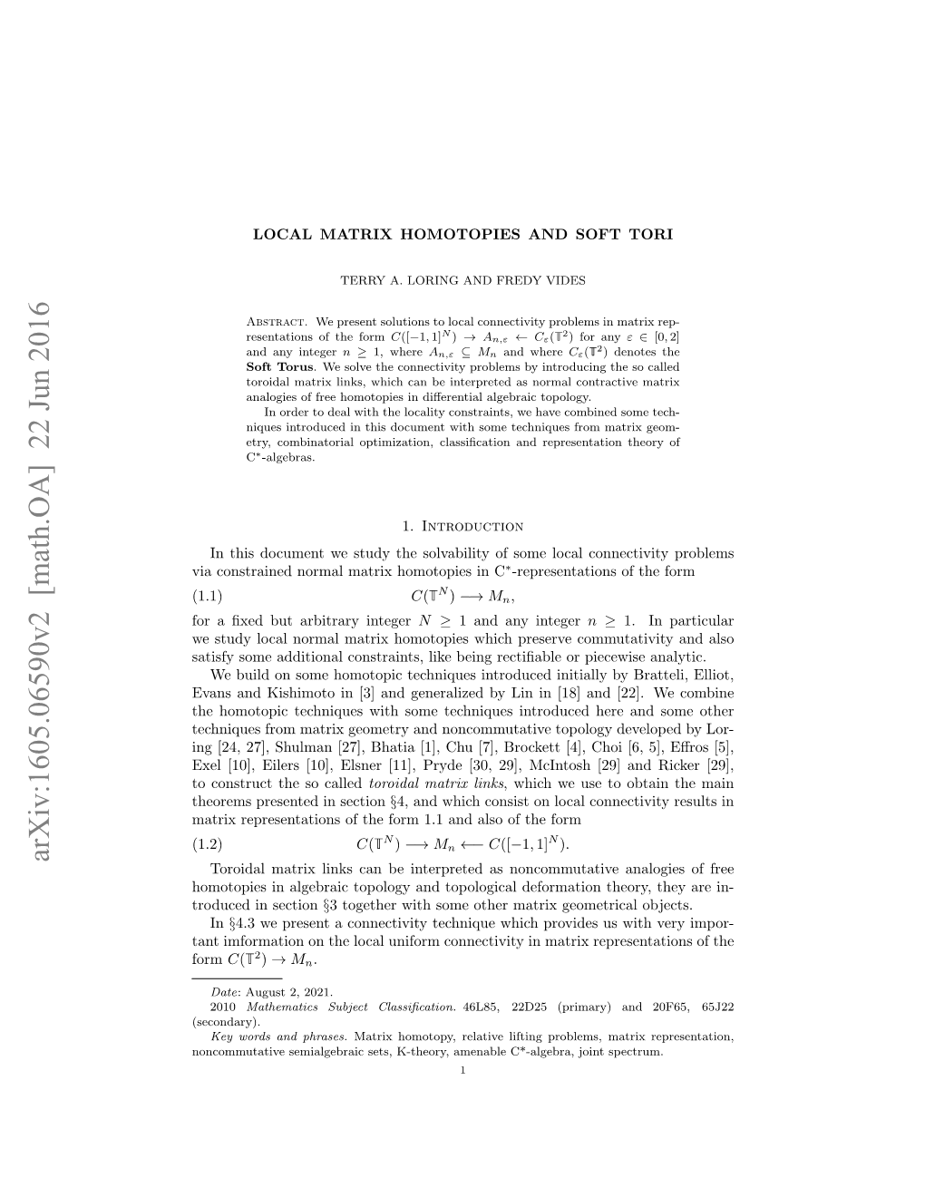 Arxiv:1605.06590V2 [Math.OA] 22 Jun 2016