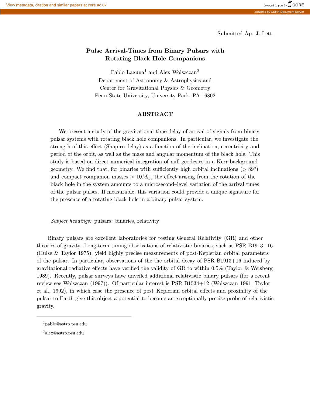 Pulse Arrival-Times from Binary Pulsars with Rotating Black Hole Companions