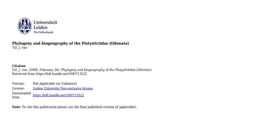 Phylogeny and Biogeography of the Platystictidae (Odonata) Tol, J