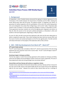 Colombian Peace Process: IOM Weekly Report 1 April, 2015 April 01, 2015