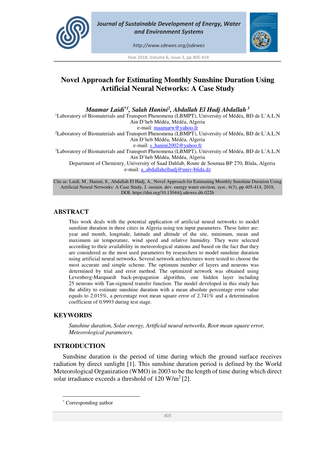 Novel Approach for Estimating Monthly Sunshine Duration Using Artificial Neural Networks: a Case Study