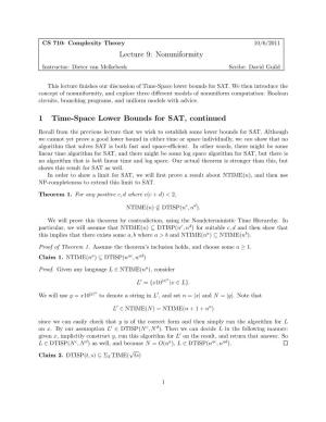 Lecture 9: Nonuniformity 1 Time-Space Lower Bounds for SAT