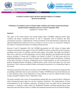 UNITED NATIONS JOINT HUMAN RIGHTS OFFICE (UNJHRO) MONUSCO-OHCHR Preliminary Investigation Report on Human Rights Violations
