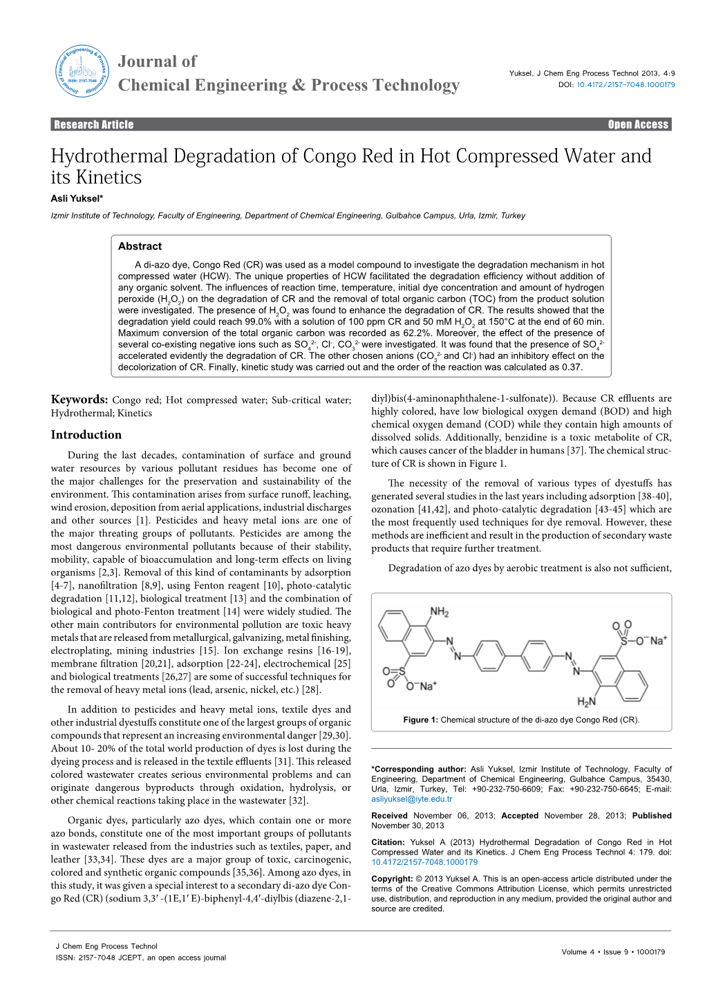 Hydrothermal Degradation of Congo Red in Hot Compressed Water And