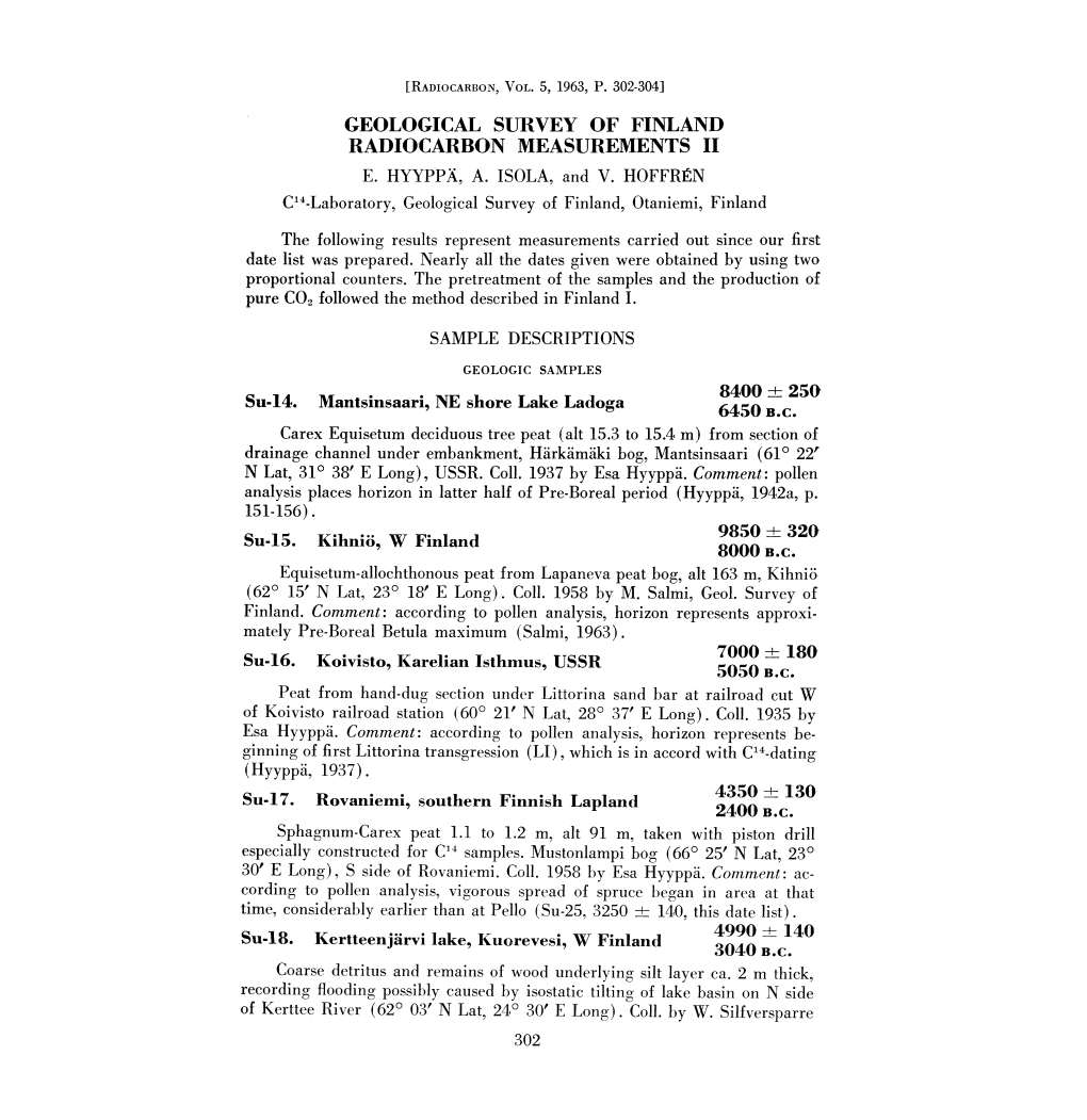 Geological Survey of Finland Radiocarbon Measurements Ii E