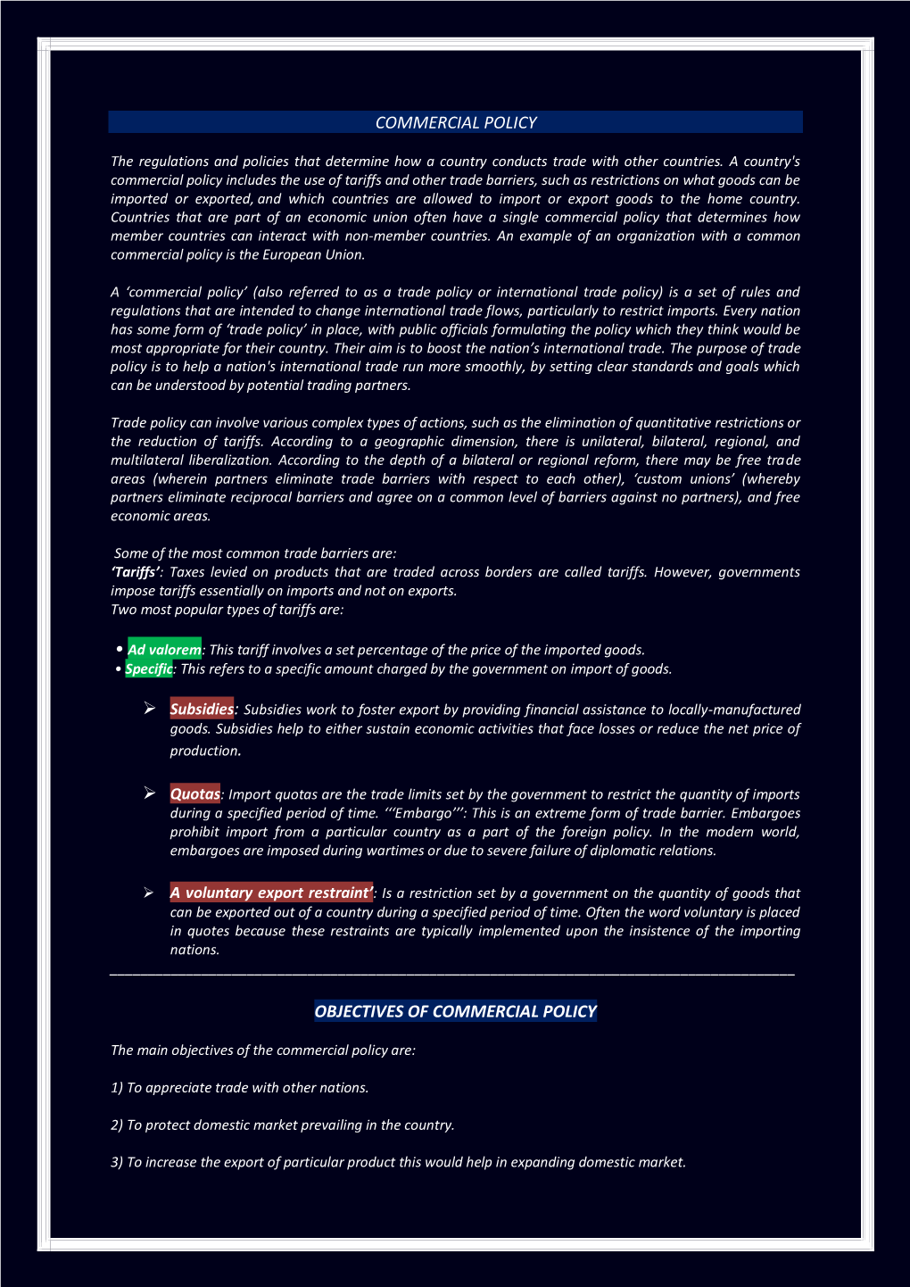 Commercial Policy Objectives of Commercial Policy