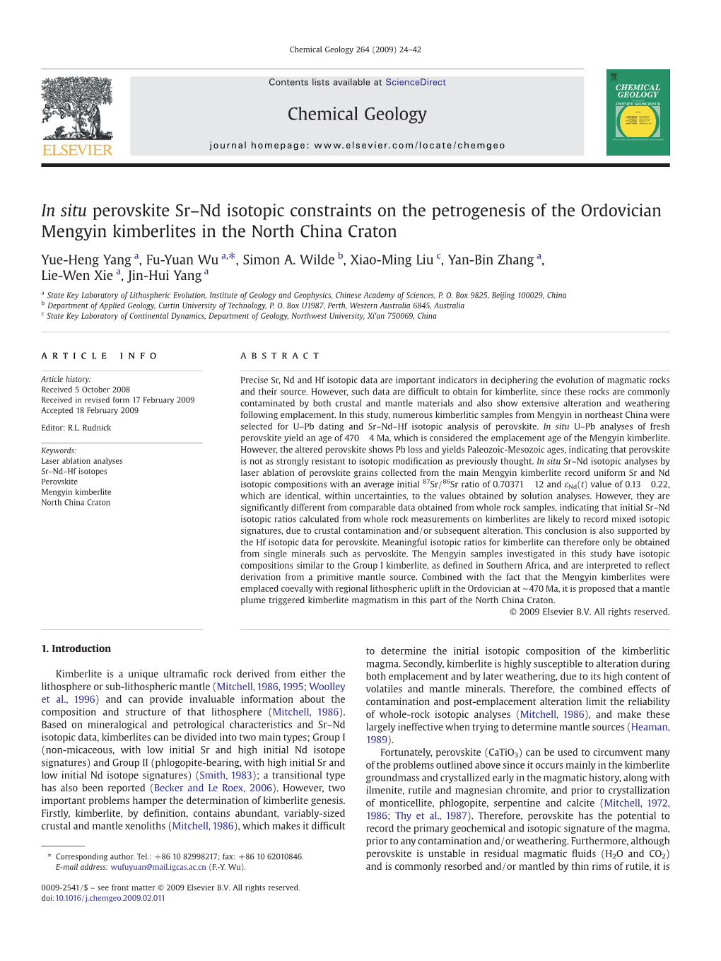 In Situ Perovskite Sr–Nd Isotopic Constraints on the Petrogenesis of the Ordovician Mengyin Kimberlites in the North China Craton