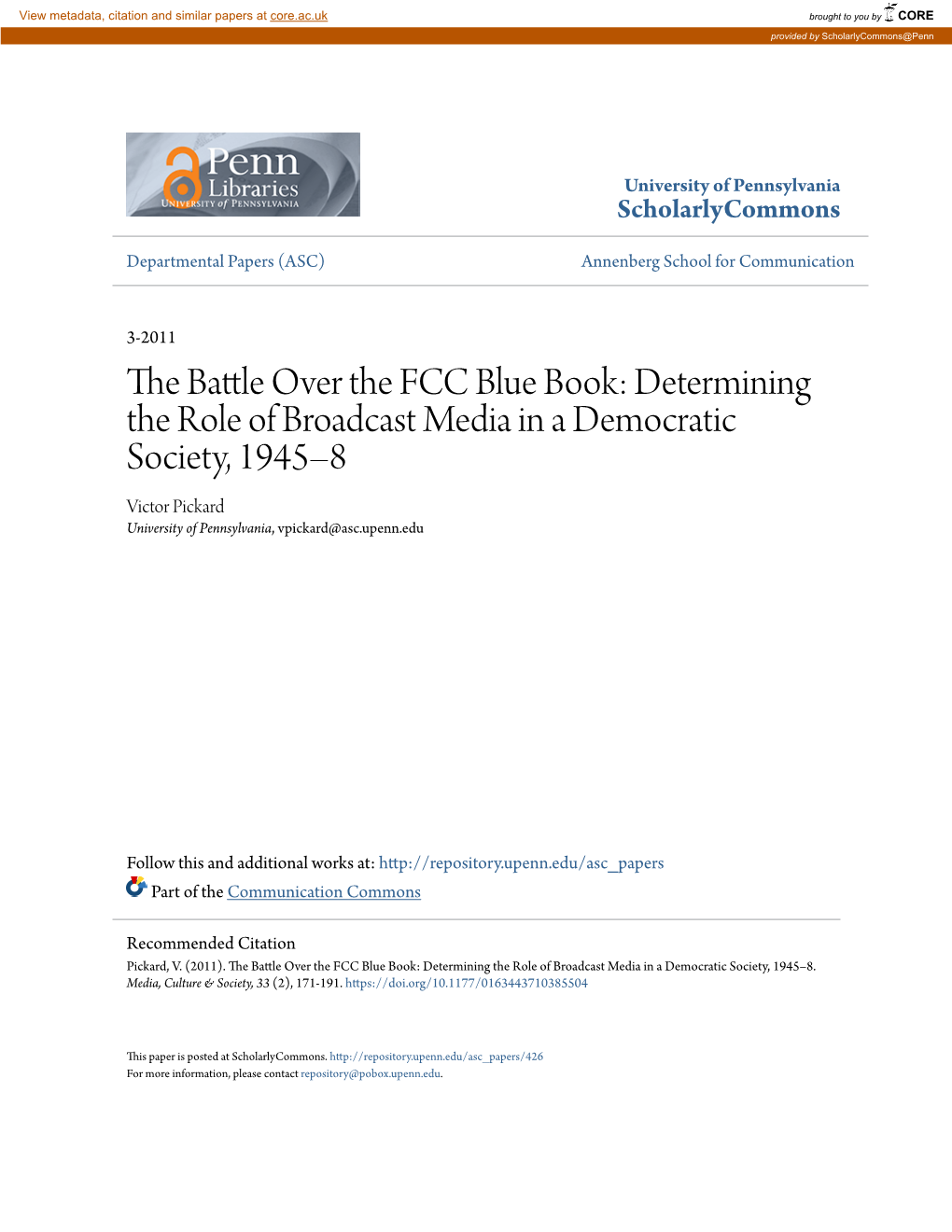 The Battle Over the FCC Blue Book: Determining the Role of Broadcast Media in a Democratic Society, 1945–8
