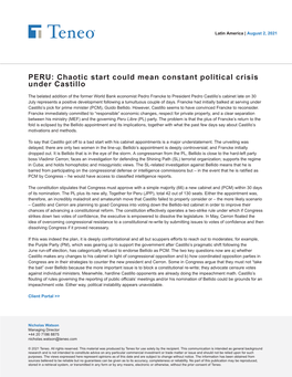 PERU: Chaotic Start Could Mean Constant Political Crisis Under Castillo