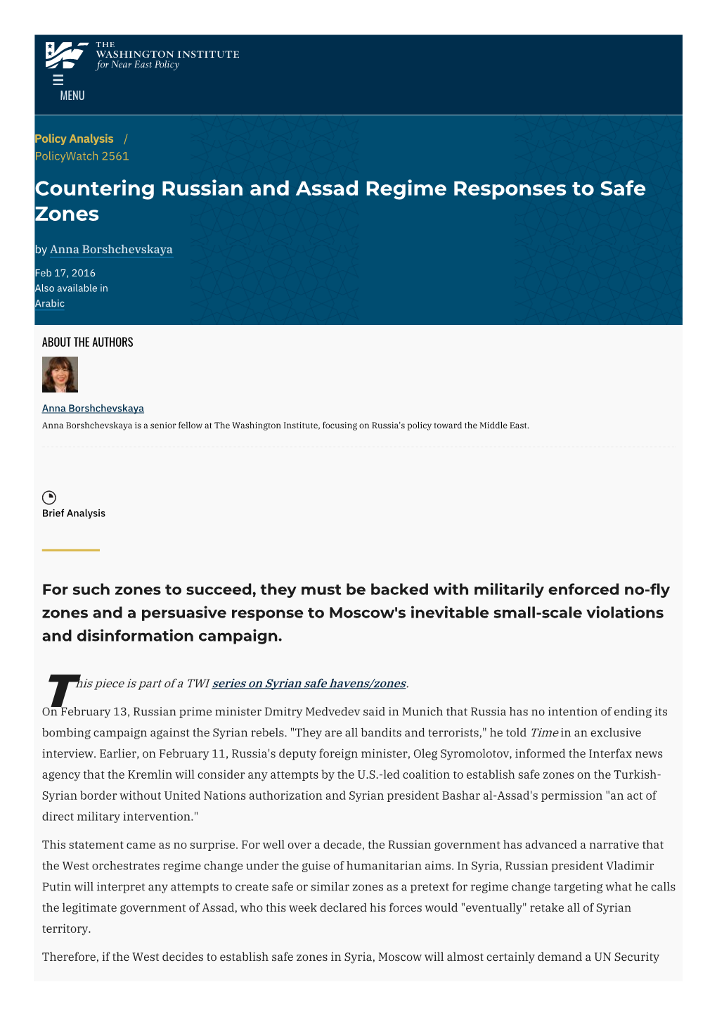 Countering Russian and Assad Regime Responses to Safe Zones by Anna Borshchevskaya