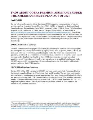 Faqs About Cobra Premium Assistance Under the American Rescue Plan Act of 2021