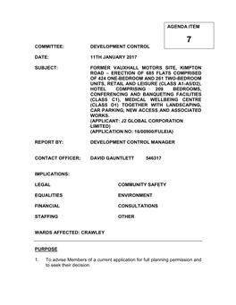 Development Control Date: 11Th January 2017 Subject: Former Vauxhall Motors Site, Kimpton Road