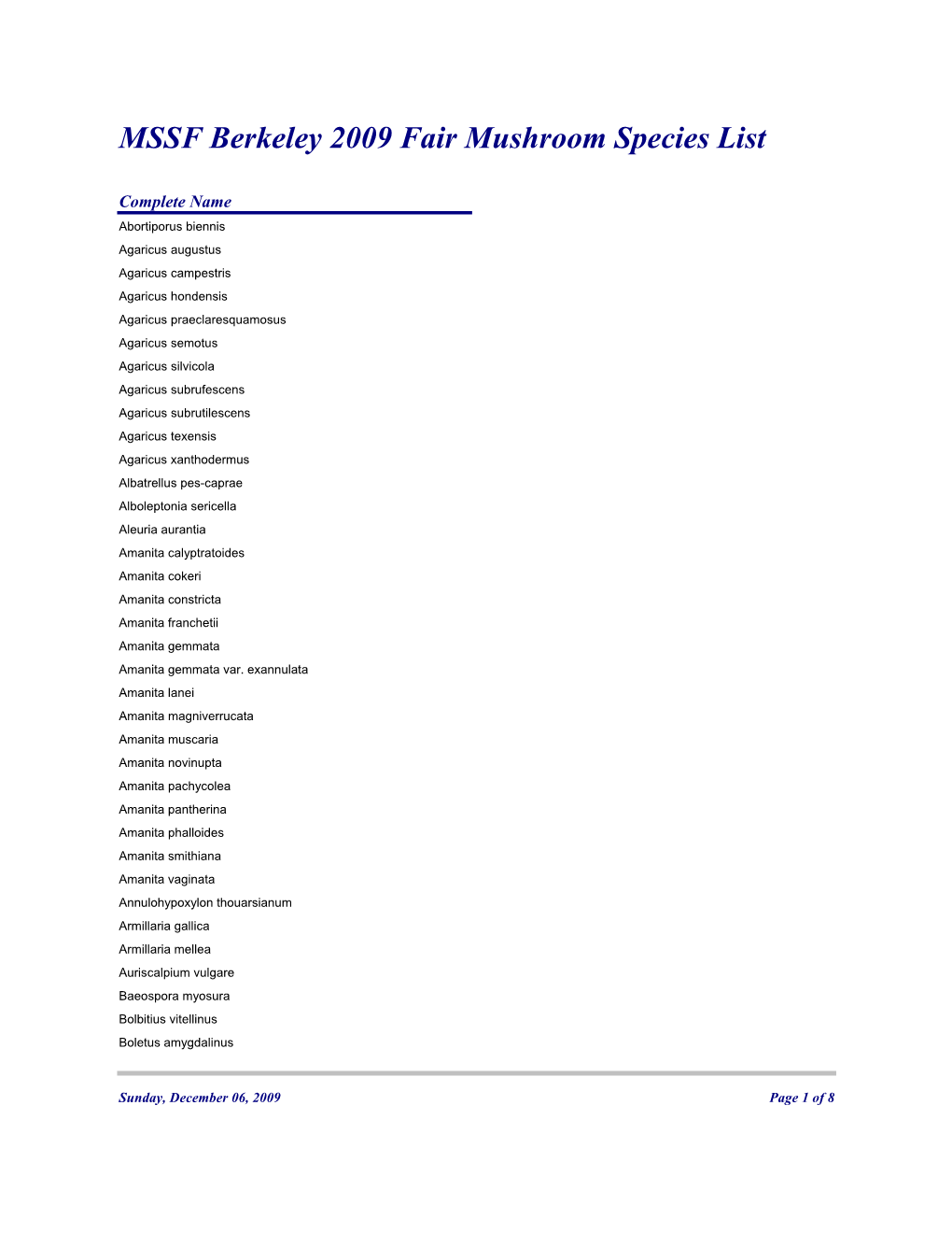 MSSF Berkeley 2009 Fair Mushroom Species List