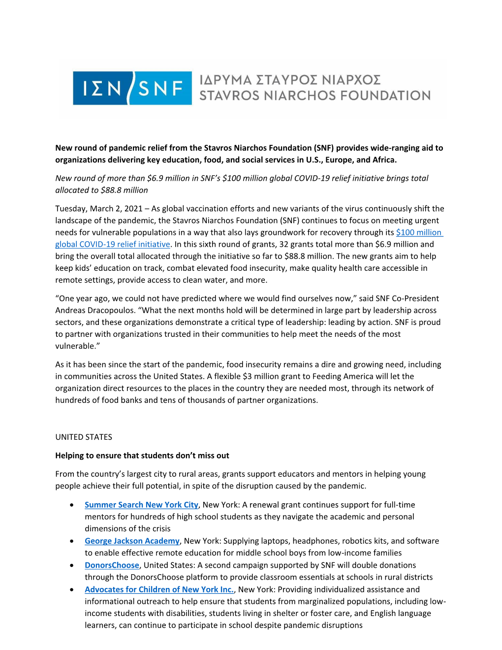 New Round of Pandemic Relief from the Stavros Niarchos Foundation (SNF) Provides Wide-Ranging Aid to Organizations Delivering Ke