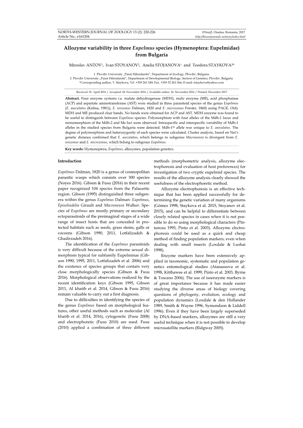 Allozyme Variability in Three Eupelmus Species (Hymenoptera: Eupelmidae) from Bulgaria