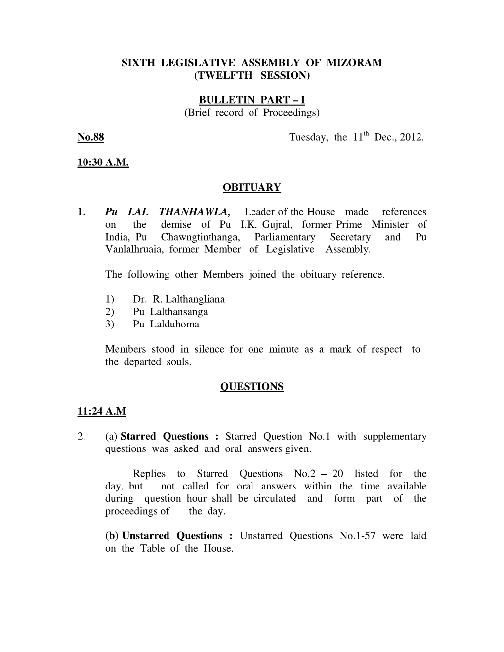 Sixth Legislative Assembly of Mizoram (Twelfth Session)