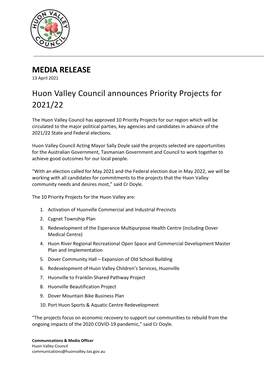 MEDIA RELEASE Huon Valley Council Announces Priority Projects