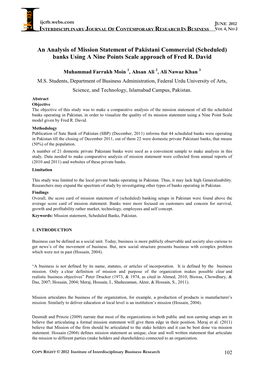 An Analysis of Mission Statement of Pakistani Commercial (Scheduled) Banks Using a Nine Points Scale Approach of Fred R. David