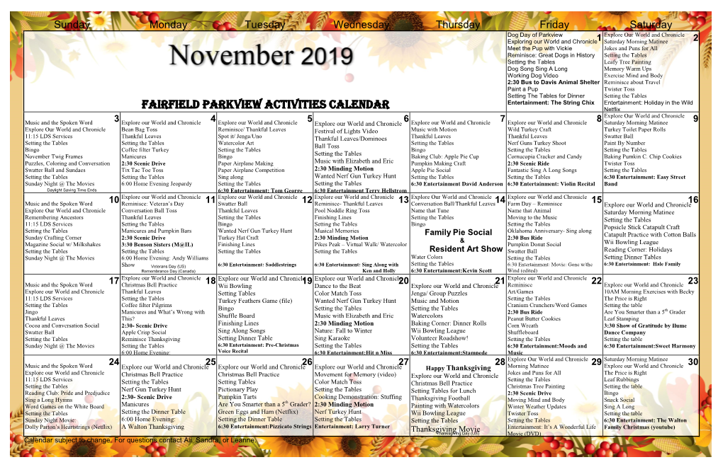 Fairfield Parkview Activities Calendar