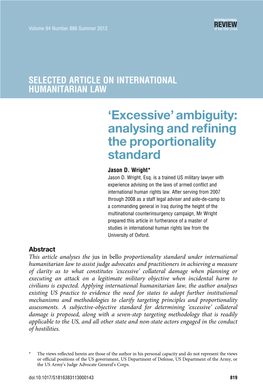 SELECTED ARTICLE on INTERNATIONAL HUMANITARIAN LAW:'Excessive' Ambiguity: Analysing and Re.Ning the Proportionality Stan