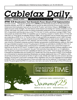 Cablefax Dailytm Thursday — January 18, 2018 What the Industry Reads First Volume 29 / No