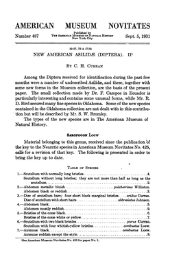 AMERICAN MUSEUM NOVITATES Published by the Amnican Muszumof NATURAL History Number 487 New York City Sept