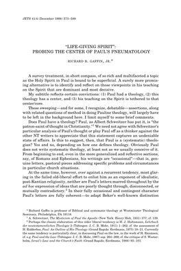 “Life-Giving Spirit”: Probing the Center of Paul’S Pneumatology Richard B