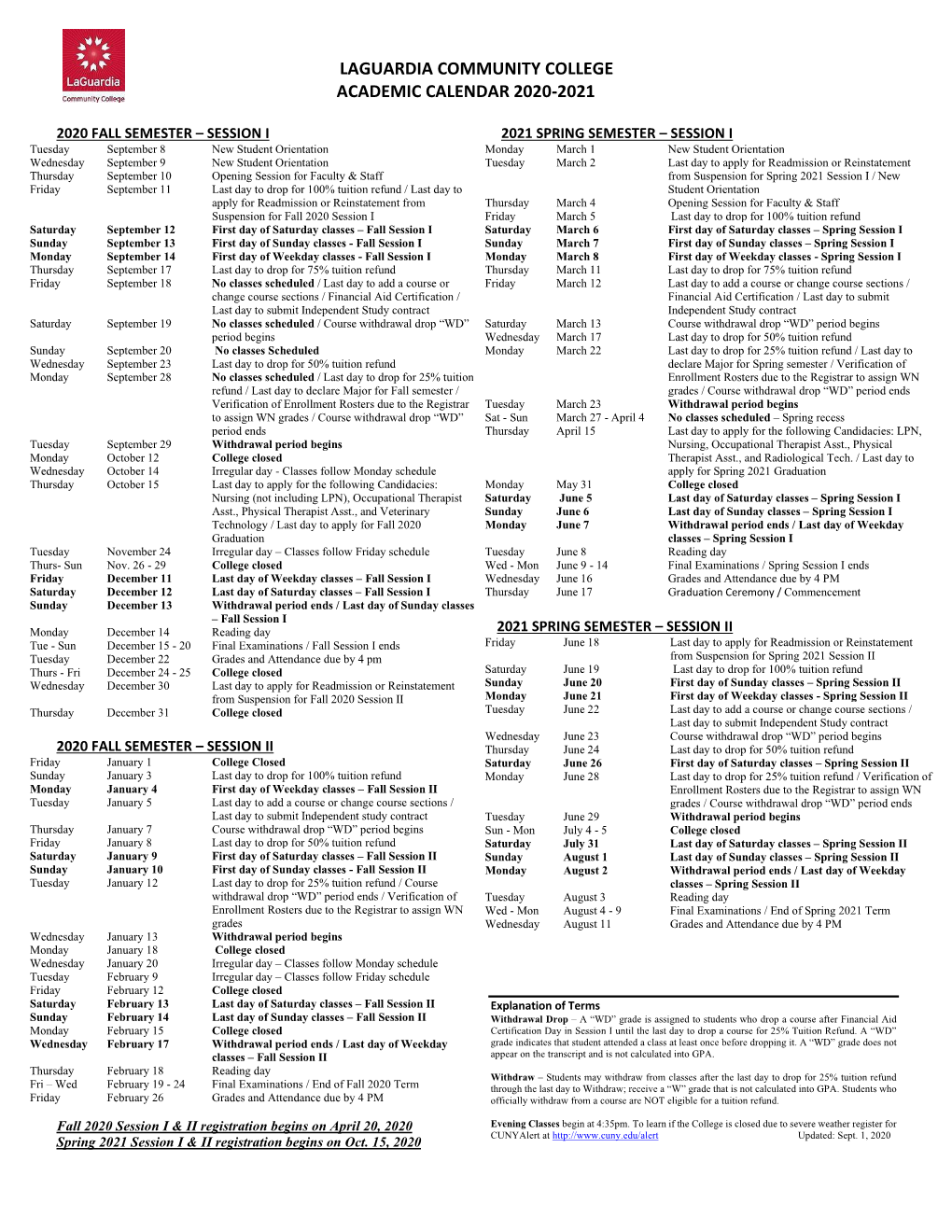 Laguardia Community College Academic Calendar 20202021 DocsLib