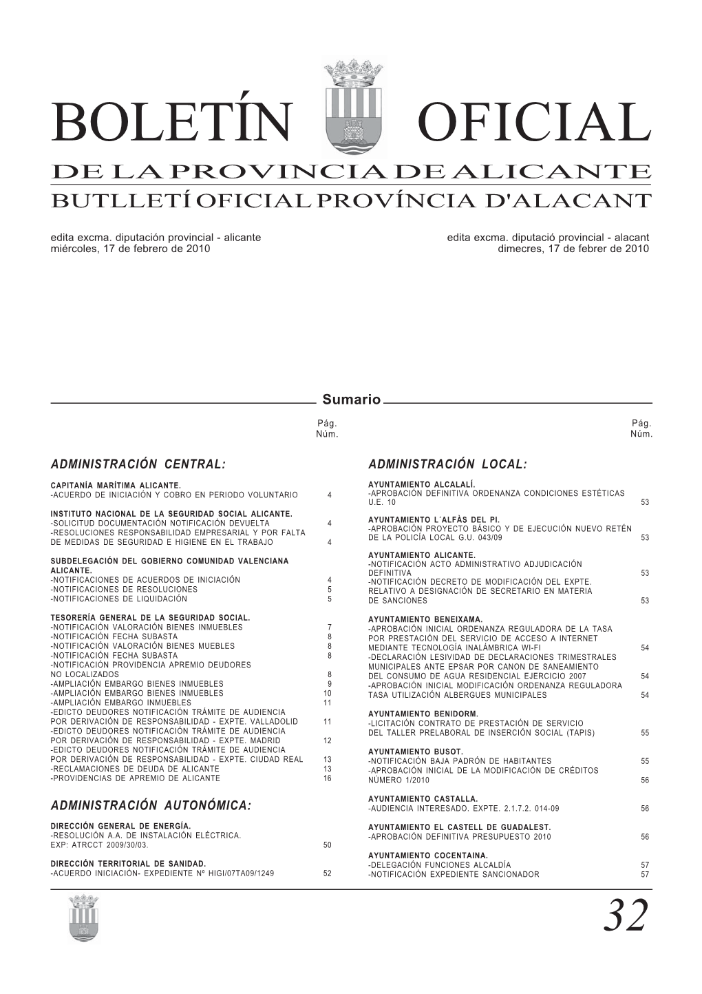 BOLETÍN OFICIAL DE LA PROVINCIA DE ALICANTE BUTLLETÍ OFICIAL PROVÍNCIA D'alacant Edita Excma