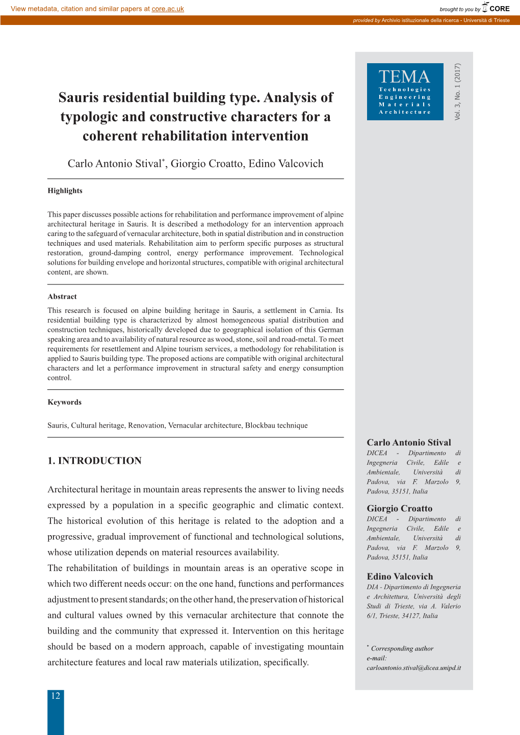 Sauris Residential Building Type. Analysis of Typologic And