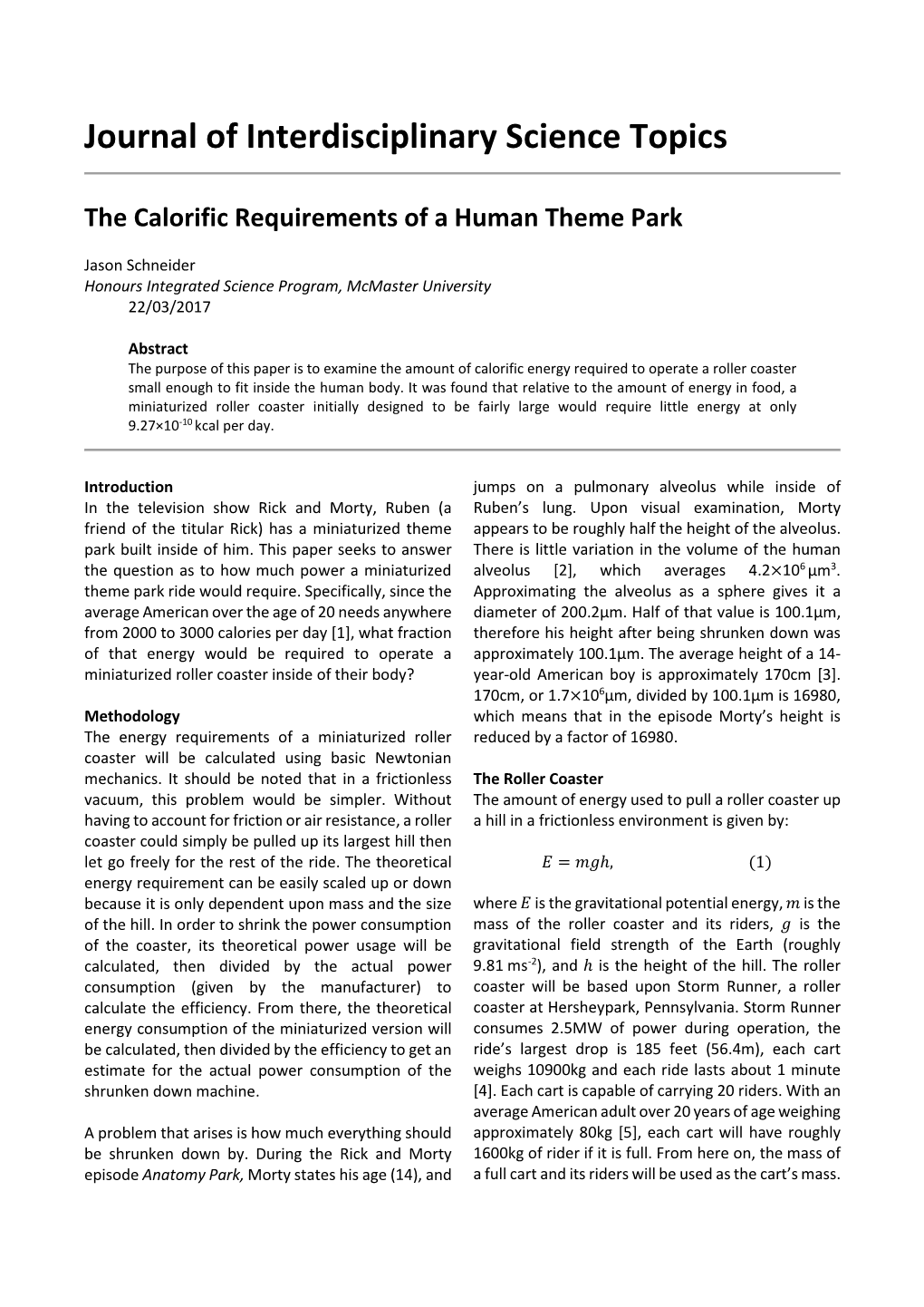 Journal of Interdisciplinary Science Topics the Calorific Requirements