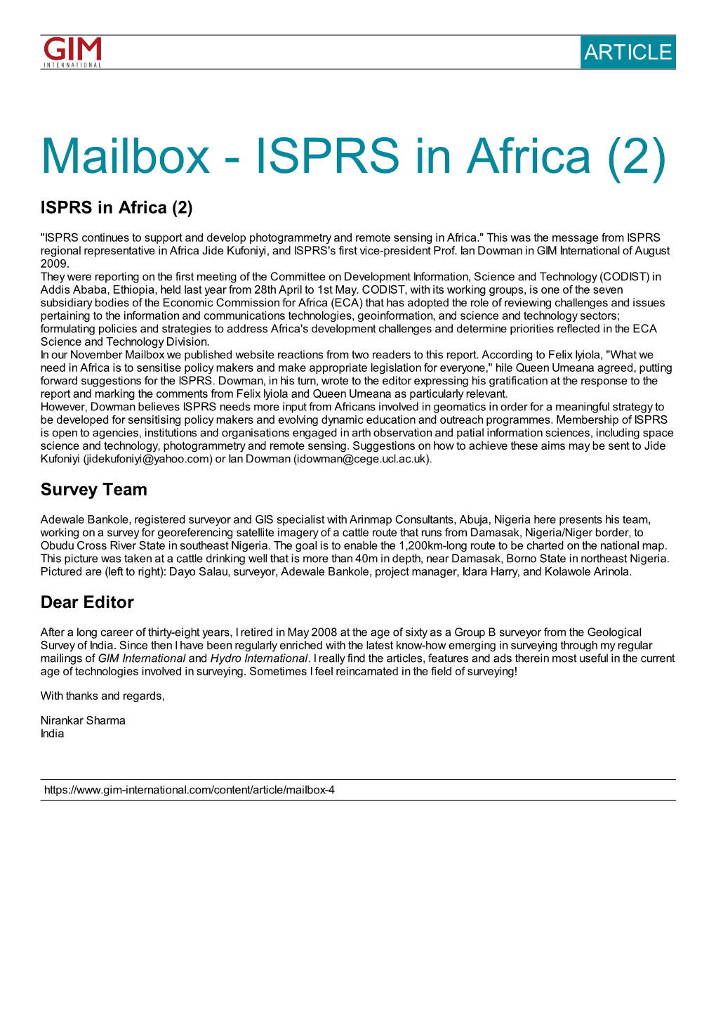 Mailbox - ISPRS in Africa (2) ISPRS in Africa (2)