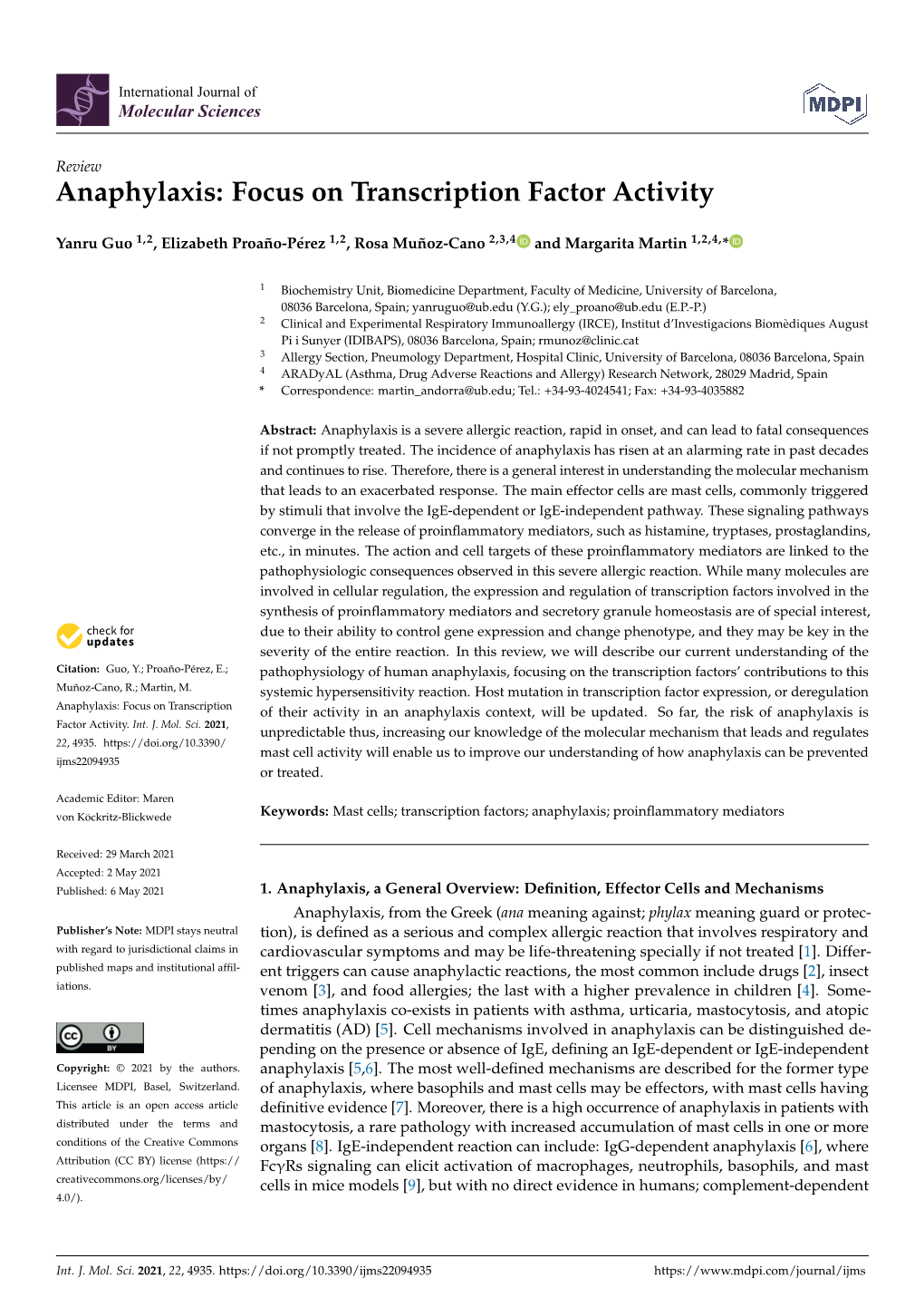 Anaphylaxis: Focus on Transcription Factor Activity